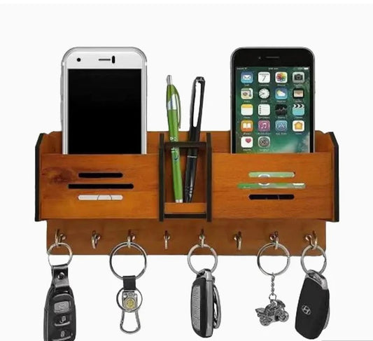 Wood Key & Phone Holder with 8 Hooks